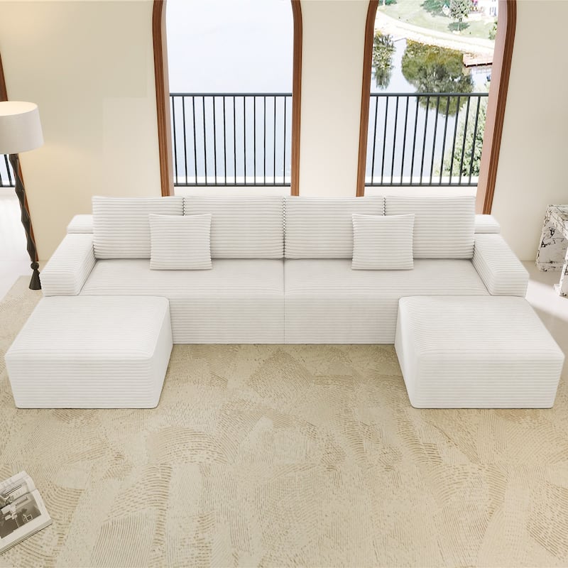 Modular Sectional Sofa with Chaise Lounge, Oversized Corduroy Upholstered 6 Seater Sofa, Full Compressed Boneless Couch