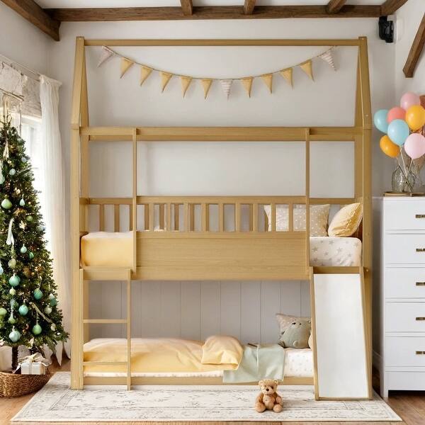 slide 2 of 16, Kids Bunk Bed with Slide and Convertible Ladder,Twin Over Twin for Bedroom Natural Wood