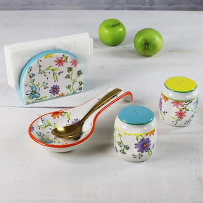 Euro Ceramica Charlotte Table Accessory Set - Spoon Rest / Napkin Holder / Salt & Pepper