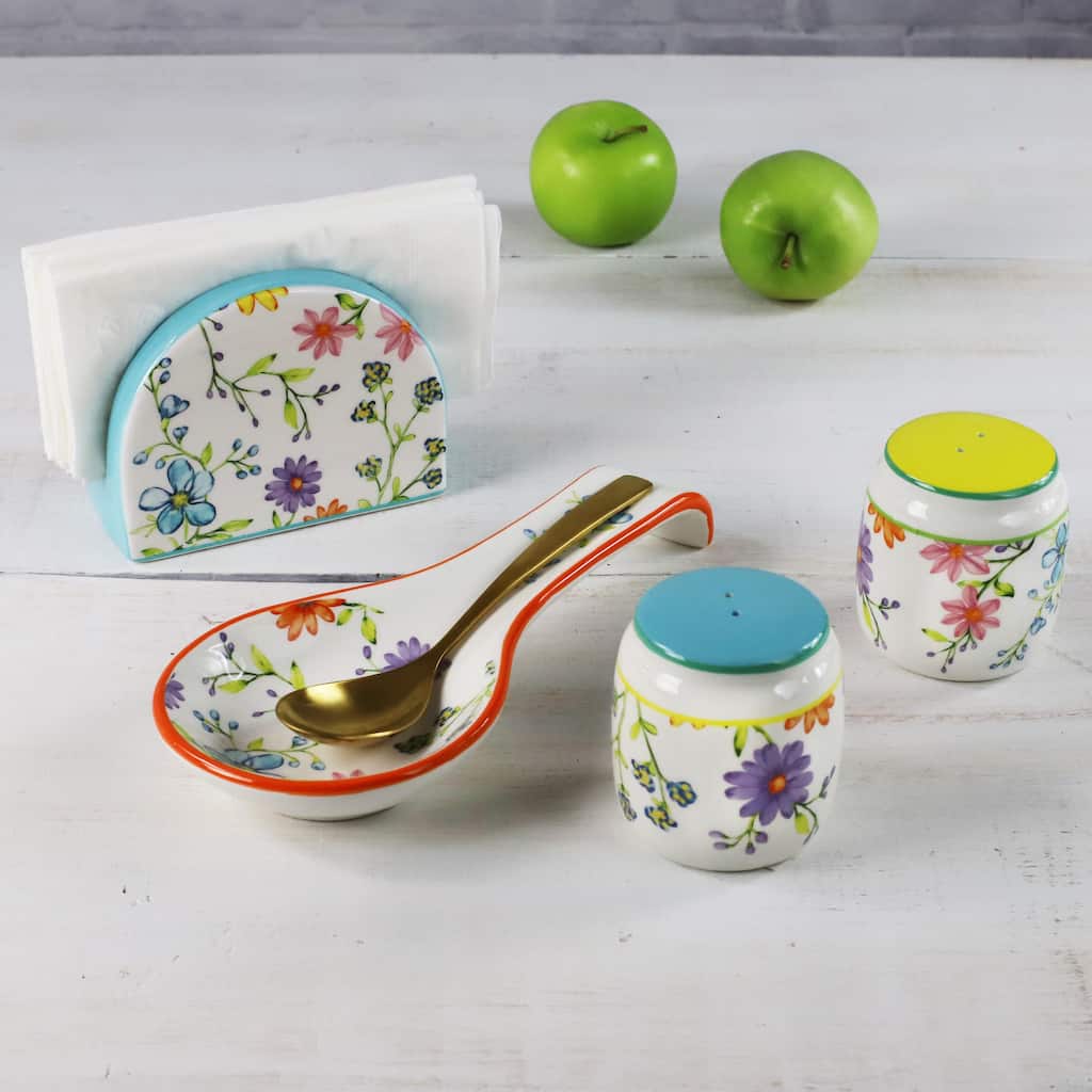 Euro Ceramica Charlotte Table Accessory Set - Spoon Rest / Napkin Holder / Salt & Pepper