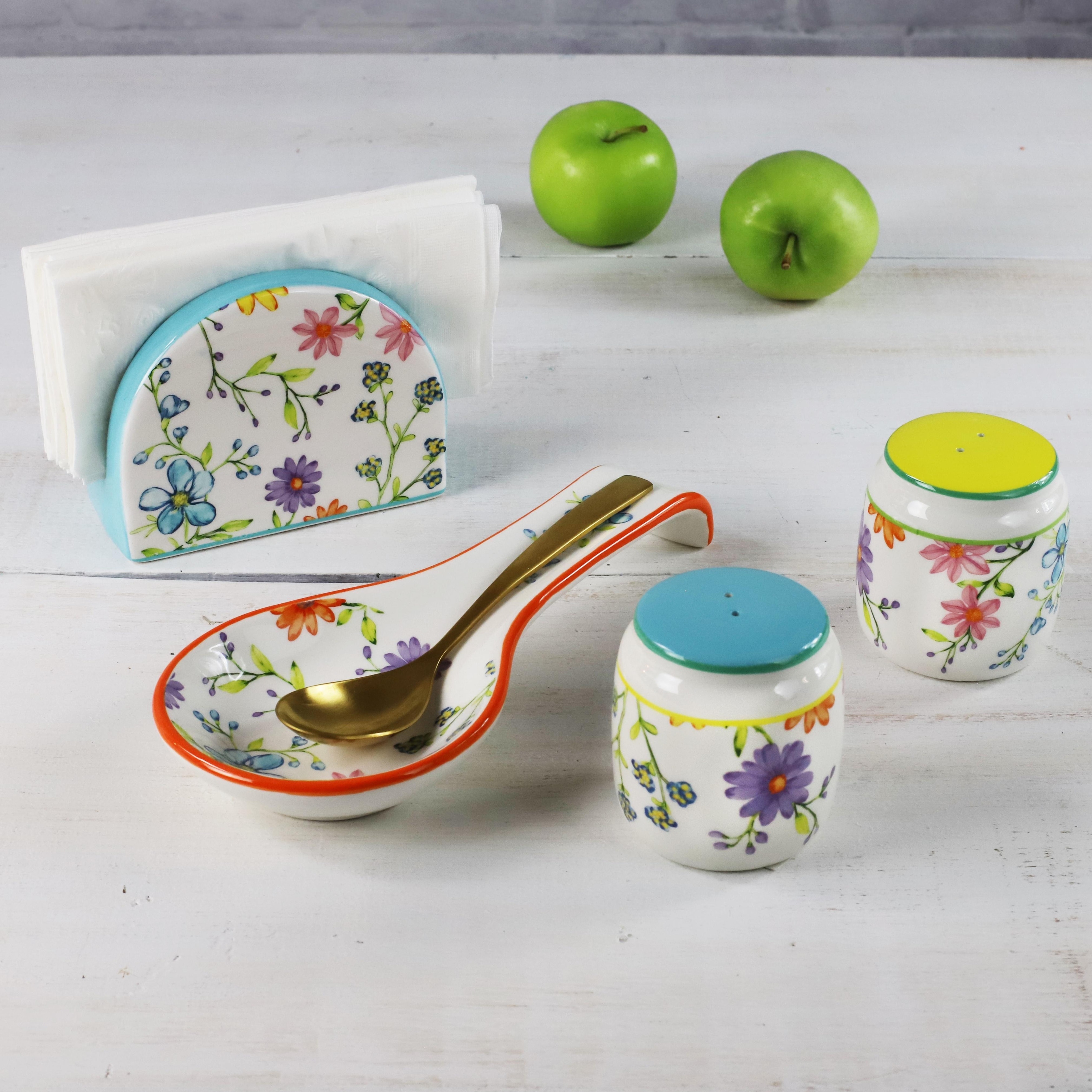 Euro Ceramica Charlotte Table Accessory Set - Spoon Rest / Napkin Holder / Salt & Pepper