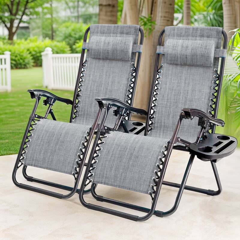 Set of 2 Zero Gravity Recliner Lounge Chairs with Cup Holders, Folding Patio Camping Beach Chairs for Outdoor Relaxation