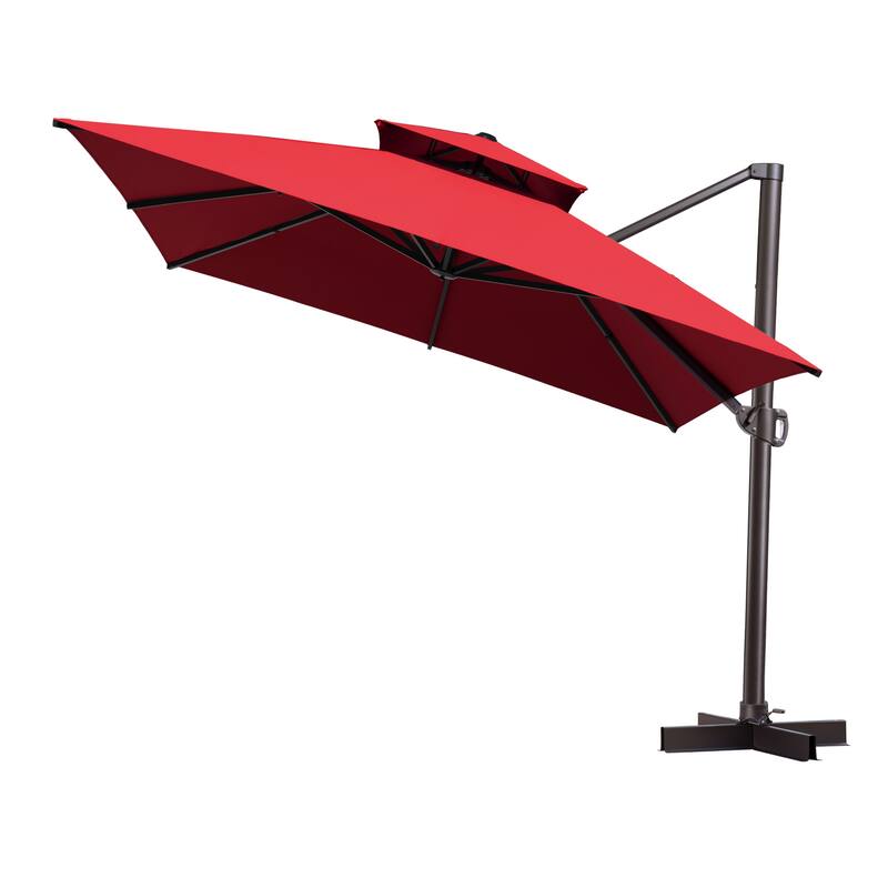 Outdoor 10X12.5 FT Dual Top Patio Offset Umbrella 360 degrees Rotation - Red