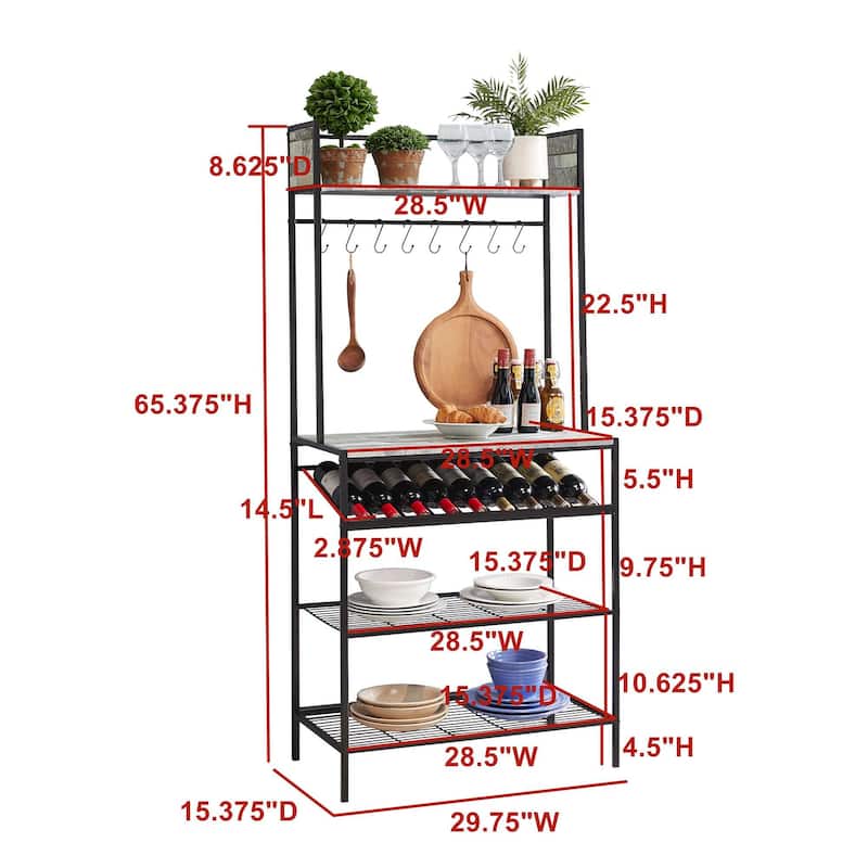 Bakers Rack with Storage Shelfs, Wine Rack and Hooks - Microwave Stand for Home Kitchen/Dining Room, Black/Gray