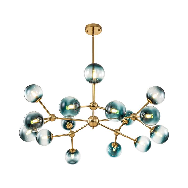 15-Light Modern Glam Linear Sputnik Gradient Blue Glass Globe Bubble Branch Chandelier