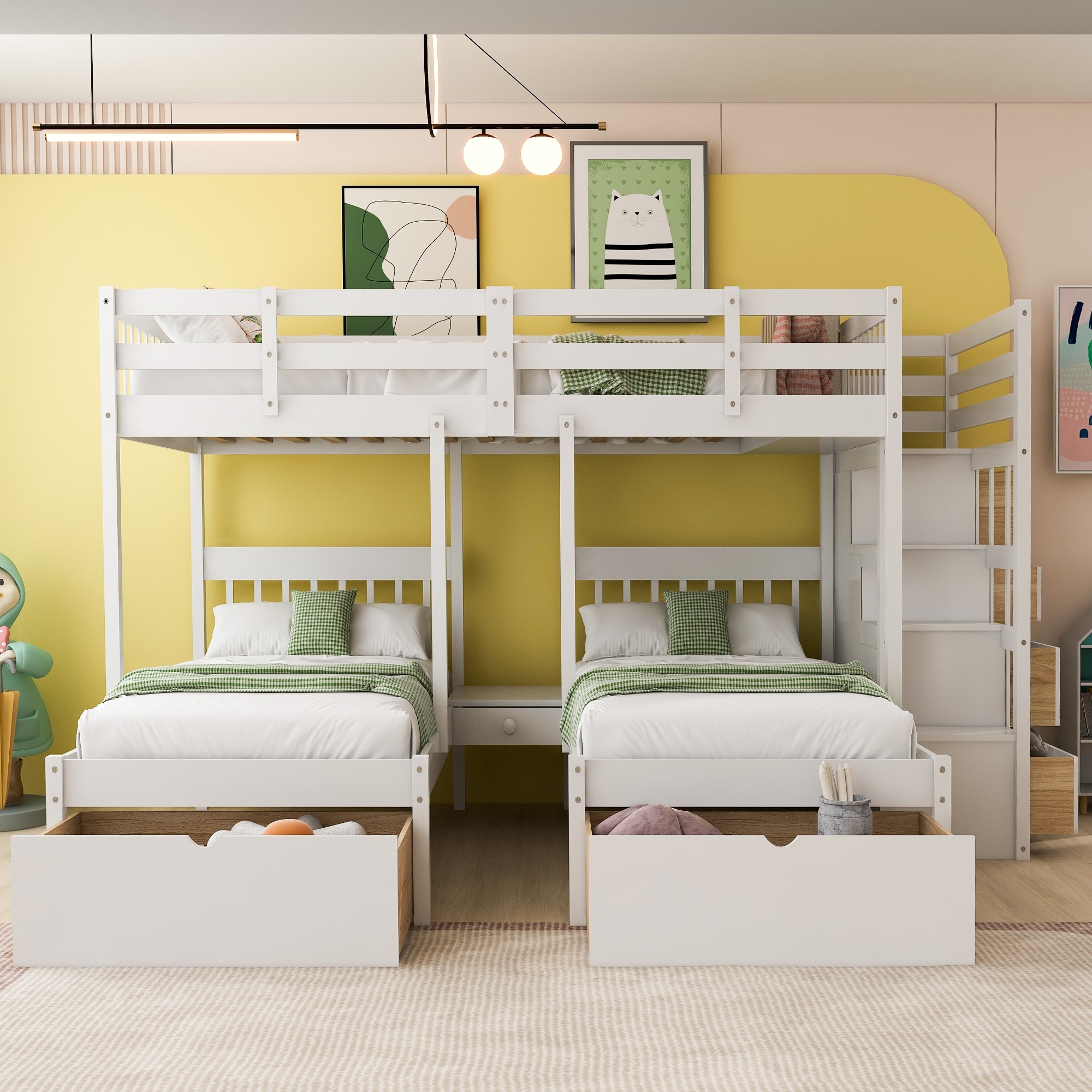 Full Over Twin & Twin Triple Bunk Bed with Storage Drawers and Staircase