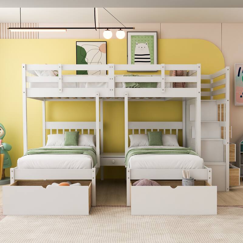 White Wood Triple Bunk Bed with Drawers - Full Over Twin & Twin, Space-Saving Design