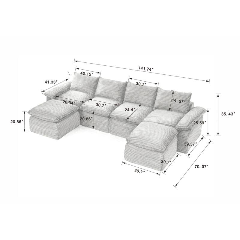 U-Shaped Sectional Sofa with 2 Ottomans, Oversized Corduroy Upholstered Cloud Sofa, Corner 6 Seater Sofa with Pillows