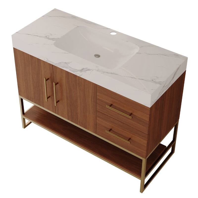 36" Modern Bathroom Vanity with Seamless Ceramic Sink & Gold Accent Free Standing Cabinet