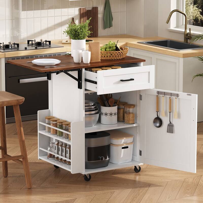 39.3" Farmhouse Kitchen Island with Drop Leaf, Open Side Rack, 1 Drawer, Towel Rack, & Lockable Wheels - White