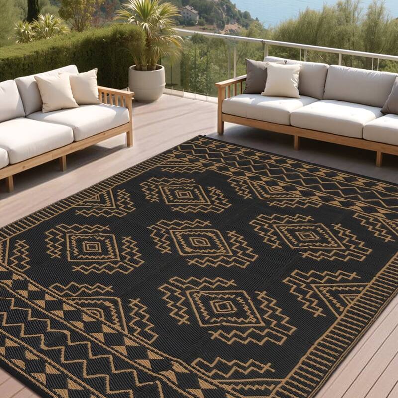 Outdoor Rug Waterproof Boho Geometric Patio Rug Mat Reversible Plastic Straw Rug Outside Outdoor Area Rug - 8'x10' - Black Brown