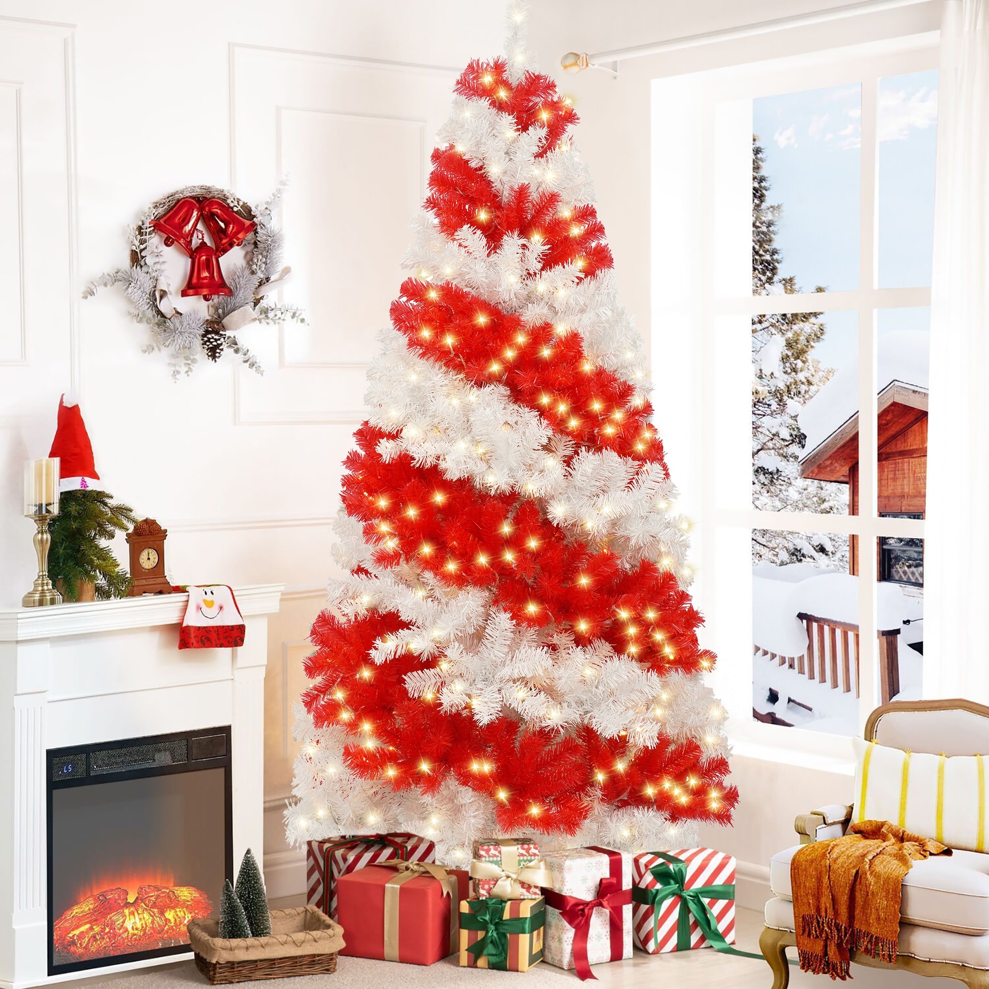 White christmas tree with red lights hotsell