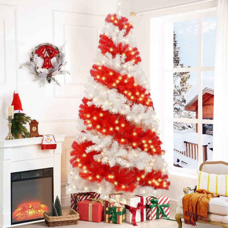 Roomfitters 6FT Artificial Christmas Tree with 900 Branches, Candy Cane Style Xmas Tree Holiday Decoration, Red+White - Red,White