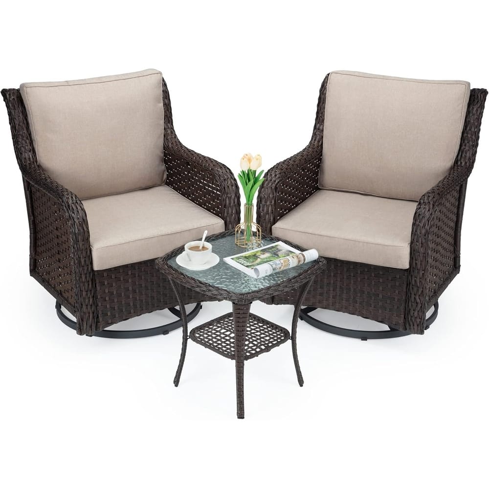 3 Pieces Outdoor Swivel Wicker Glider Patio Chairs with Table Set