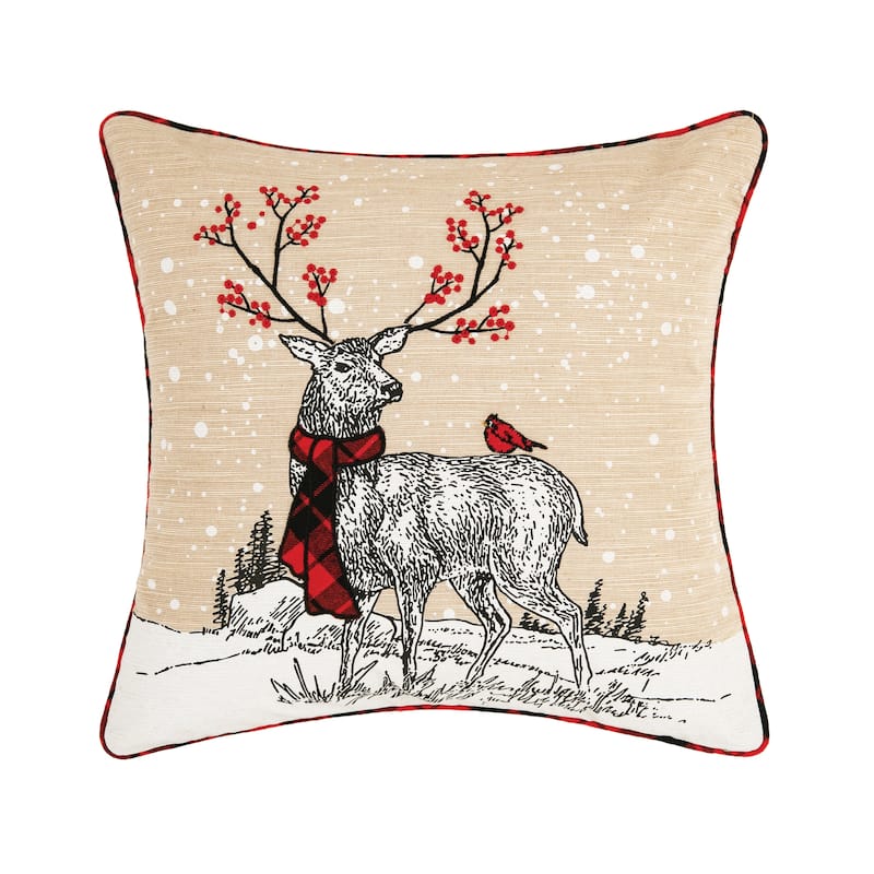 Deer Embroidered and Printed Throw Pillow