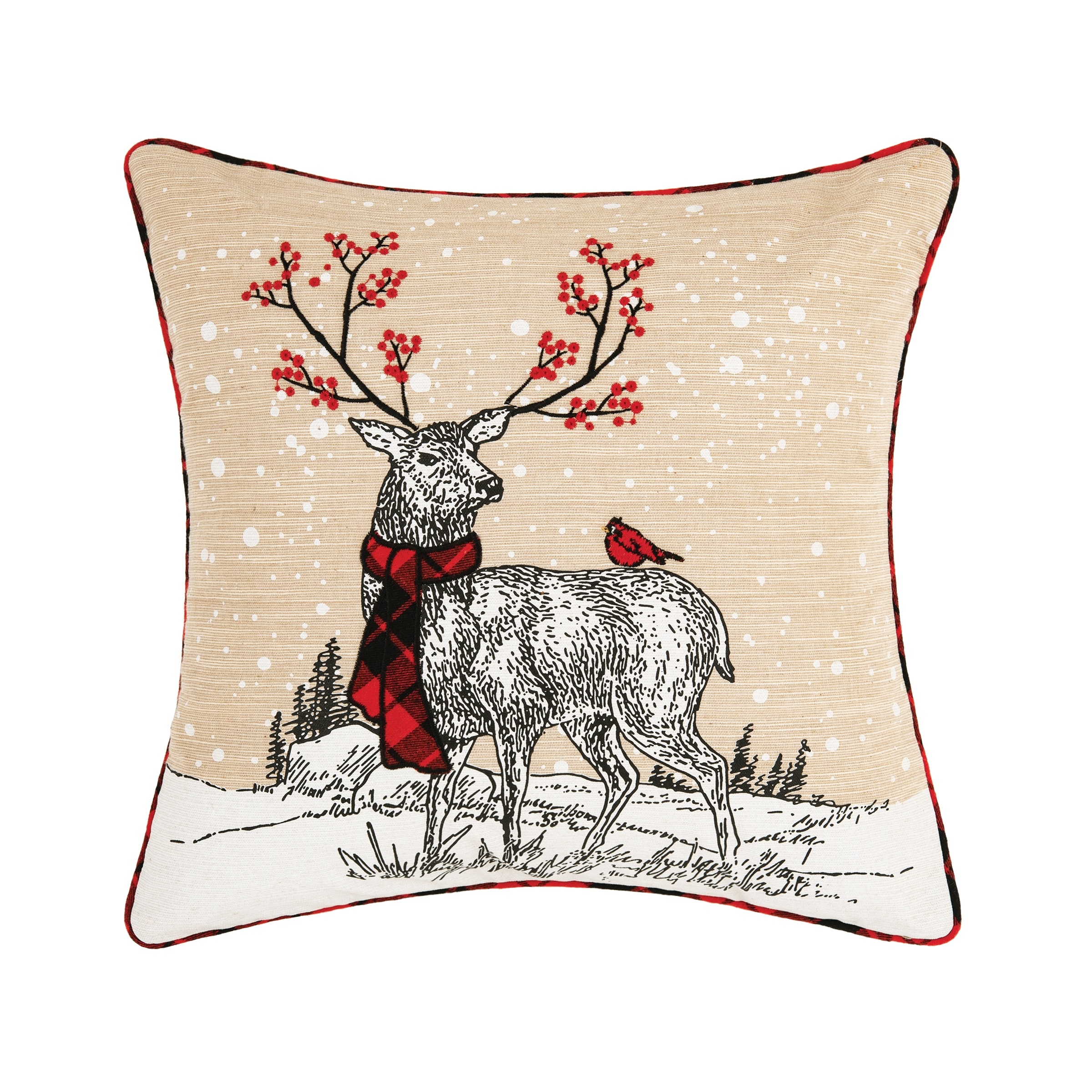 Deer Embroidered and Printed Throw Pillow