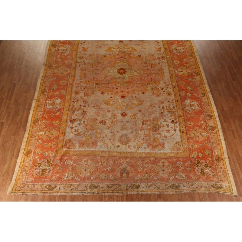 Pre-1900 Antique Vegetable Dye Oushak Turkish Rug Handmade Wool Carpet - 12'3"x 18'5"