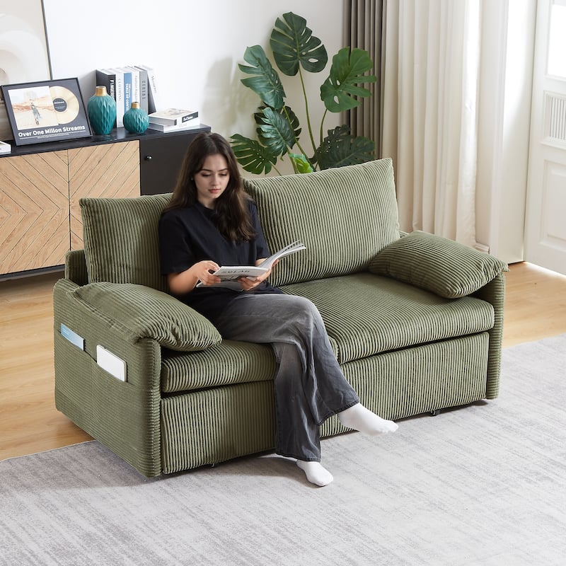 64.5" Loveseat Sofa with Pullout Bed,Corduroy Convertible Sleeper Sofa