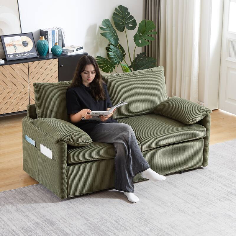65" Corduroy 2-Seater Sleeper Sofa, 3-in-1 with Storage and Side Pocket
