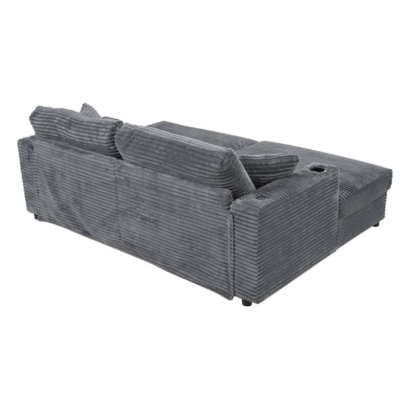 Roomfitters Oversized Loveseat Chaise Lounge Sectional Sofa Bed, Corduroy Sleeper with USB Ports, Cup Holders