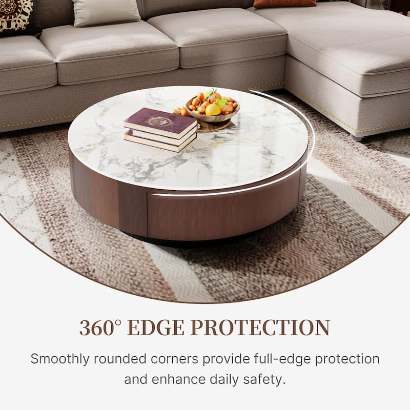 35" Modern Faux Marble Round Coffee Table, White Glossy Sintered Stone Tabletop