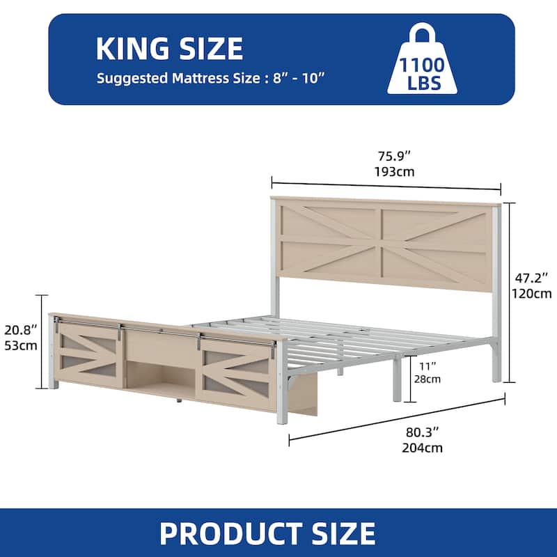 Moasis Farmhouse Brown Queen/King Bed Frame with Sliding Barn Door Storage Cabinets