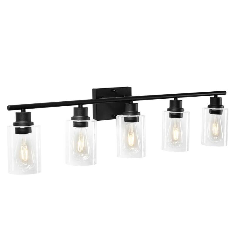 5-Light Wall Mounted Bathroom Vanity Light Fixture with E26 Base Glass Shades and Black Finish