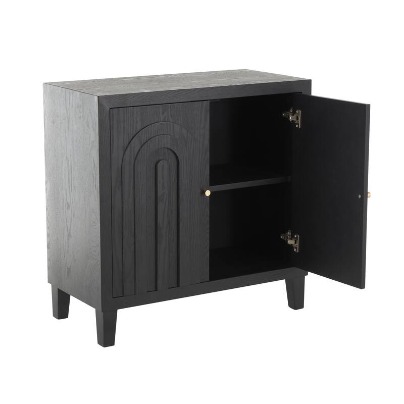 Wooden Geometric Art Deco Inspired Carved Arch 2 Door Cabinet with Gold Knobs - Black - Roche River Decor