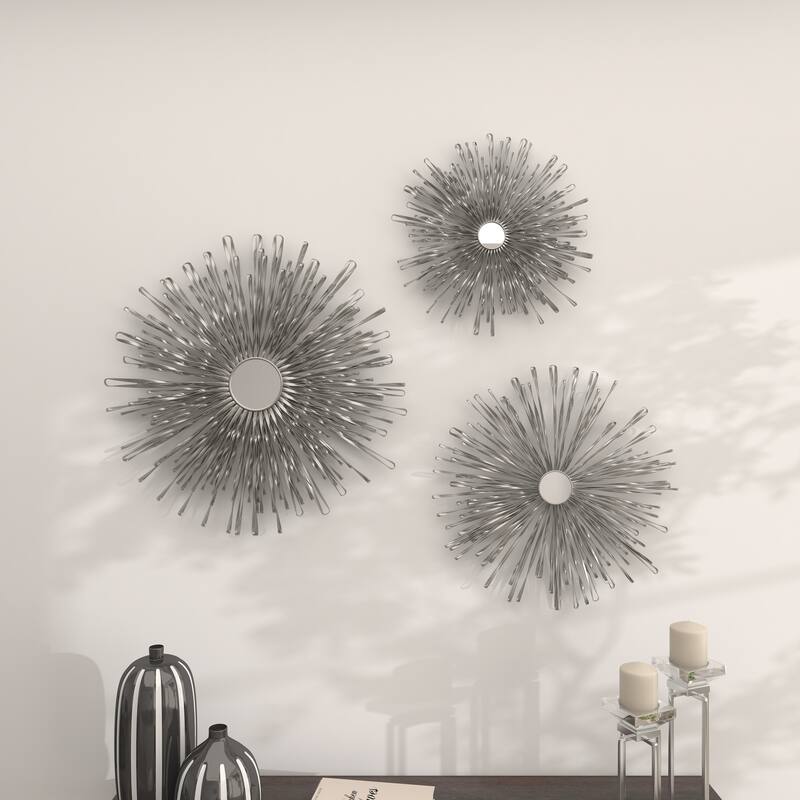 Metal 3D Looped Sunburst Wall Decor with Mirrored Center (Set of 3) - Silver or Gold