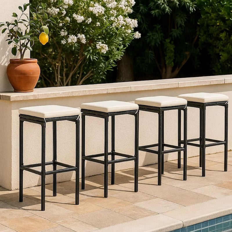Outdoor Barstool Set of 4, Cream White Cushion, Black Poly Rattan