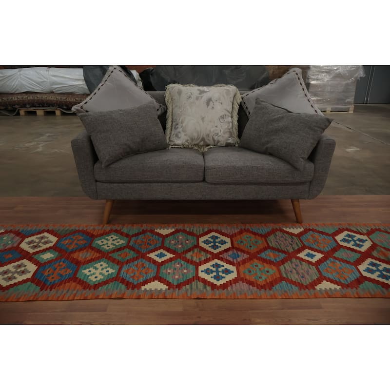 Hand Woven Oriental 100% Wool Carpet Southwestern Geometric Oranges & Rust Kilim Runner Rug - 9' 4'' X 2' 5''