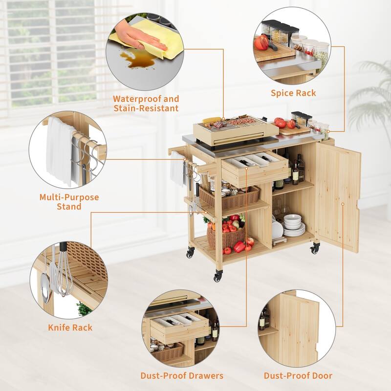 Outdoor Grill Cart with Storage Cabinet and Stainless Steel Worktop