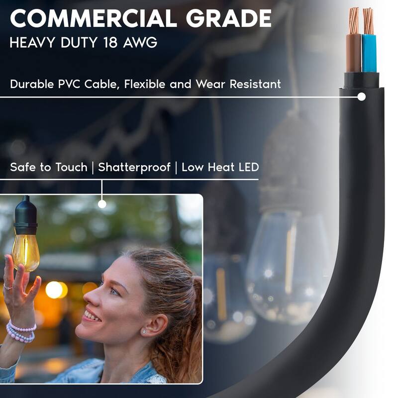 Luxrite 24FT LED Outdoor String Lights Commercial Grade Waterproof, 12 S14 Shatterproof Bulbs, IP65, Patio Garden Cafe - 24 FT
