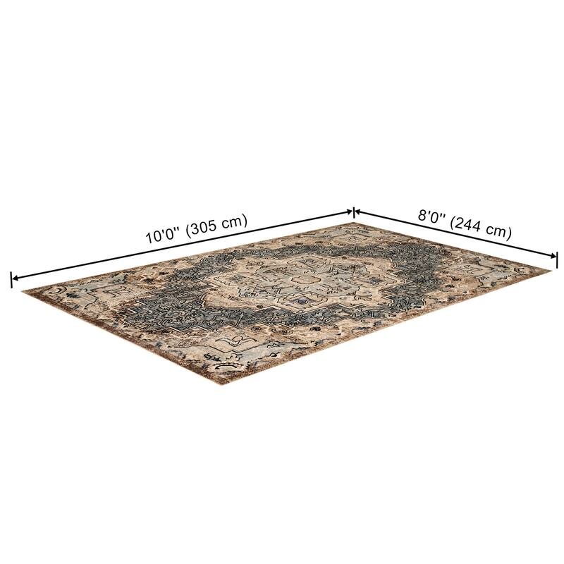 ECARPETGALLERY Esmira Traditional Machine Washable Blue & Beige Area Rug