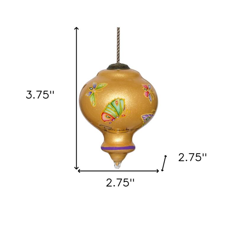 HomeRoots Golden Extravagant Butterflies Hand Painted Mouth Blown Glass Ornament - 3.75" x 2.75" x 2.75"