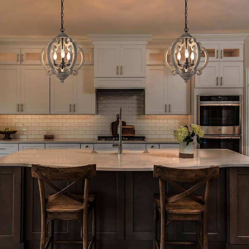 Azizon Farmhouse 3-Light Lantern Chandelier Wood Pendant Lights for Kitchen Island - 15.5"D x 19"H