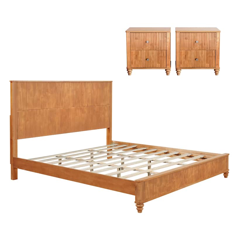 GDFStudio - Harrison Sturdy Solid Wood Bed Frame with Tall Headboard for Elegant Bedrooms - King - Natural(with 2 Nightstands)