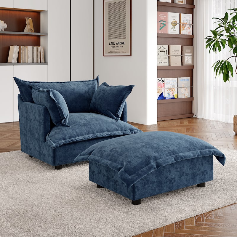 Double Layer Cushion Comfy Cloud Modular Sectional Sofa Set - Single Armchair+Ottoman-Navy - Symmetrical