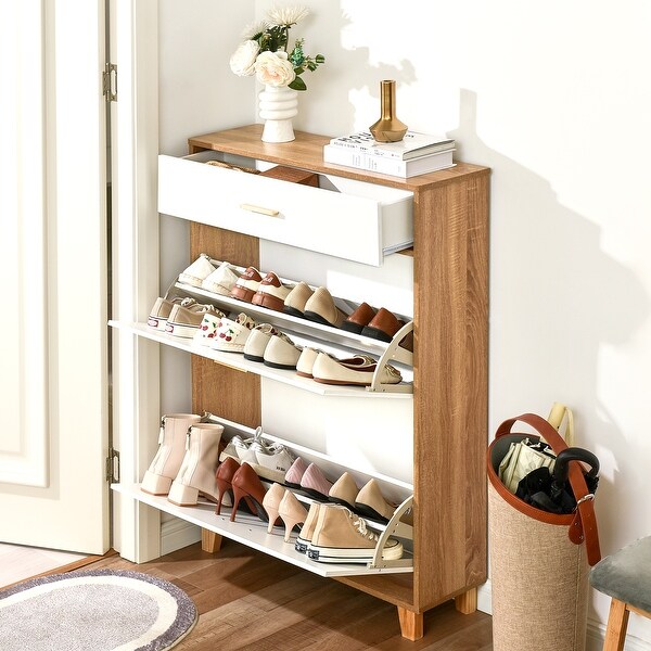 Narrow Shoe Cabinet with 2 Flip Drawers and 1 Regular Drawer - Bed