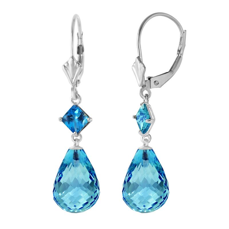 14K Solid Gold Leverback Gemstone Earrings Blue Topaz Jewelry Genuine - White