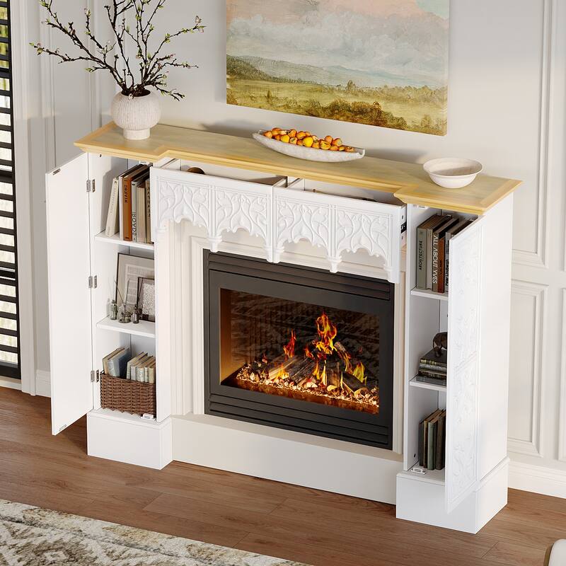 Solid Pine Wood Fireplace Mantel Cabinet with Hidden Storage – White Decorative Console