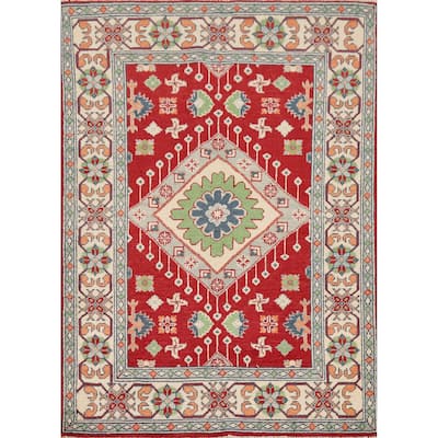 Red Geometric Kazak Accent Rug Hand-Knotted Traditional Wool Carpet - 3'4" x 4'10"