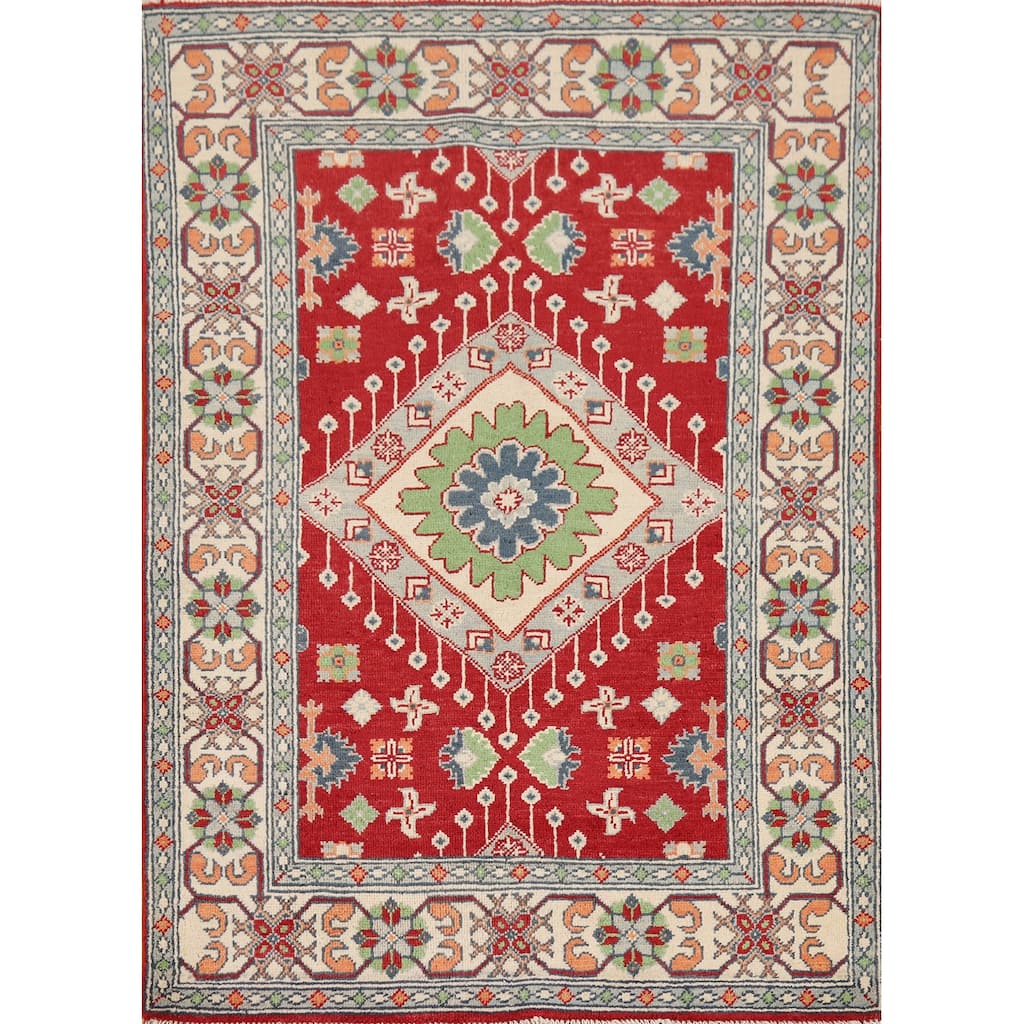 Red Geometric Kazak Accent Rug Hand-Knotted Traditional Wool Carpet - 3'4" x 4'10"