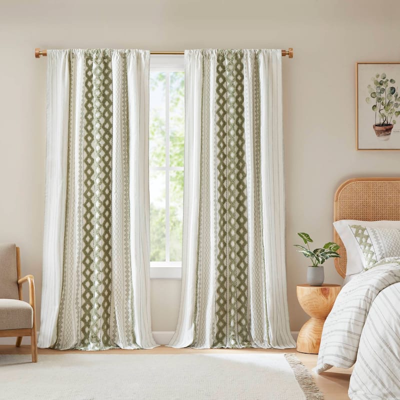 INK+IVY Imani Cotton Printed Single Curtain Panel with Chenille Stripe and Lining - 50x95" - Green