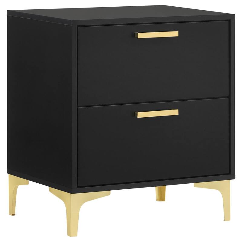 Black and Gold 2-Drawer Rectangular Nightstand with Gold Pull Handles