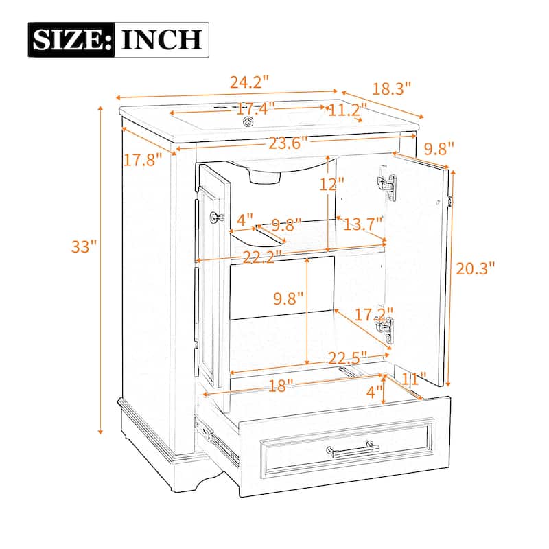 24" Freestanding Bathroom Vanity with White Integrated Ceramic Sink - 24.2'' x 18.3'' x 33''
