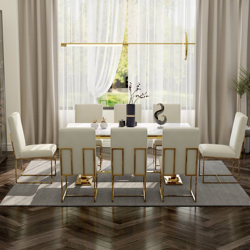 White and Gold Dining Room Table Set with 72 inch Table and White PU Leather Dining Chairs