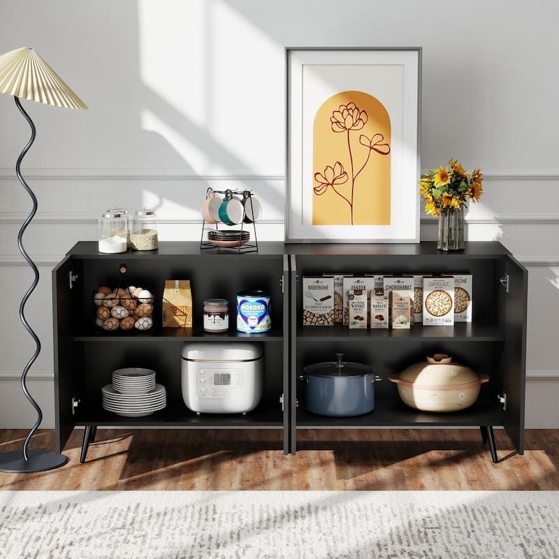 Storage Cabinet Buffet Sideboard with 4 Fluted Doors, Wood Accent Entryway Table with Adjustable Shelves