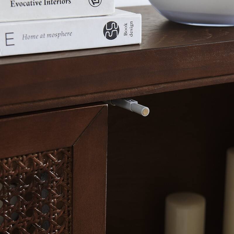 Mid Century Modern 63" Wide 2 - Cane Rattan Door Storage Sideboard, Retro Wine Bar Credenza for Living Room Entryway Kitchen