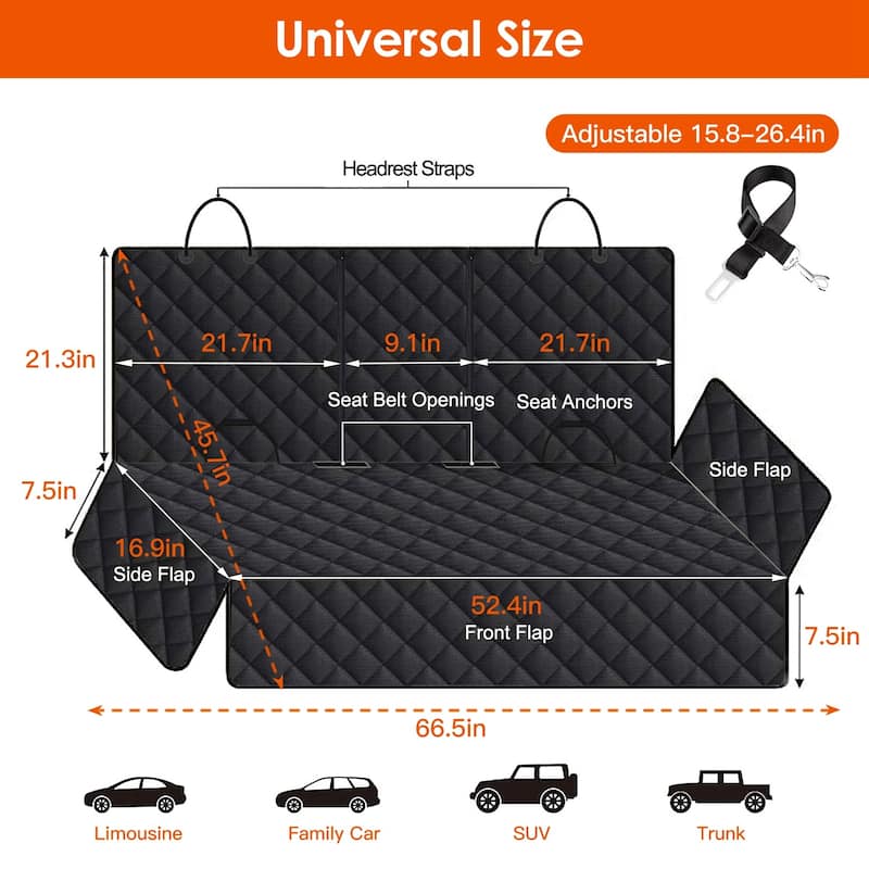 Dog Car Seat Cover, Back Seat Extender For Dogs,Dog Hammock For Car Backseat - Black - 66.5" x 45.7" x 0.1"